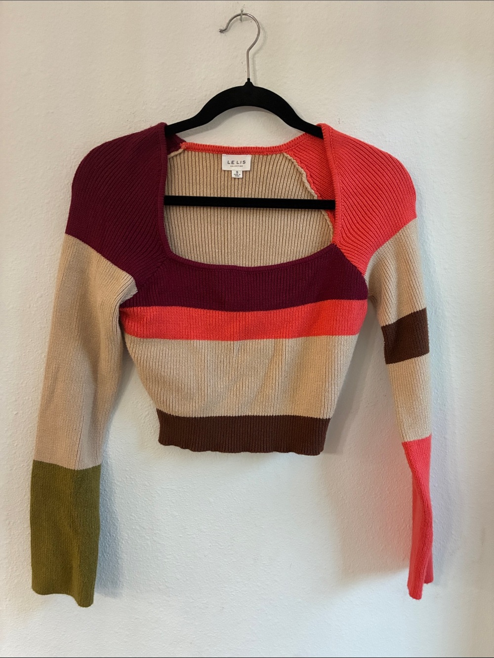 LE LIS Multicolor Ribbed Square-Neck Crop Top - Pink/Beige/Burgundy